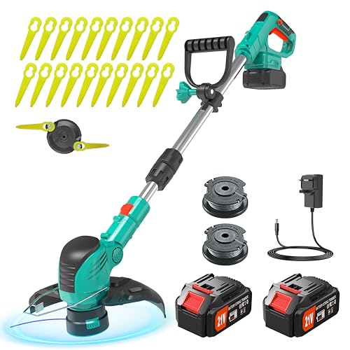 JWDJ K80 - Desbrozadora cortabordes a batería de 21 V, diámetro de corte 9 en e hilo de 1,65 mm – 2 pilas incluidas, cortacésped eléctrico de jardín, vástago de aluminio ajustable (verde)