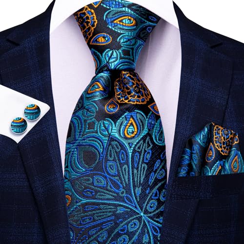 Image of Hi-Tie Paisley Floral Ties Set for Men Silk Mens Stripes Necktie Pocket Square Cufflinks Set Formal Business