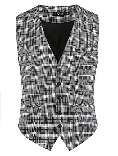 TATT 21 Men's Plaid Formal Dress Vest Slim Fit V-Neck Business Suit 5 Button Up Waistcoat Black White Medium