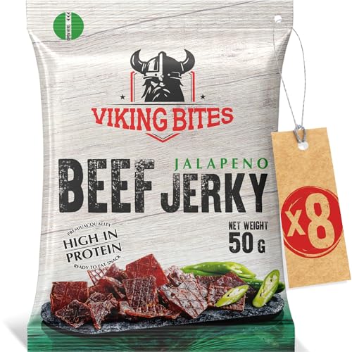 Viking Bites Beef Jerky Jalapeno 400g (8 x 50g) – Getrocknetes Rindfleisch – Fleischsnack mit hohem Proteingehalt