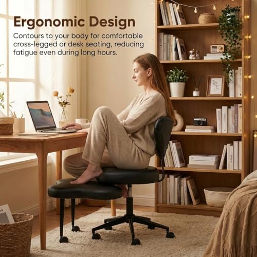 Image of Pinmoco Black PU Leather Cross Leg Chair - Modern Home Office Desk Chair with Wheels, Ergonomic Comfortable Seat for Adults, Durable Water-Resistant Professional Design