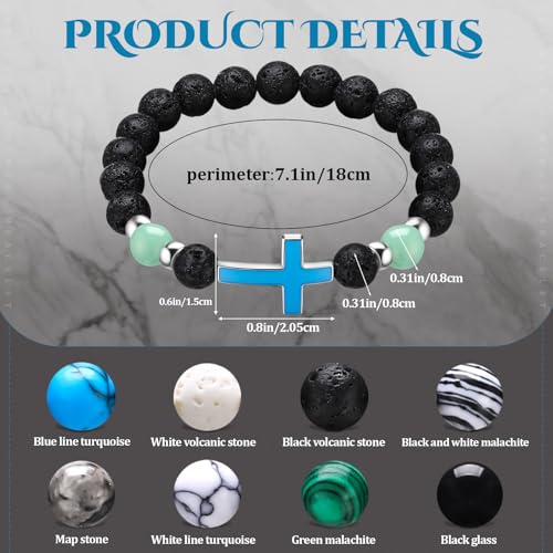 8 Pcs Luminous Cross Bracelet Christian Religion Matching Friendship Bracelet Glow in the Dark Natural Volcanic Stone Wristband Gift for Woman Man Couple Healing Beads Jesus3