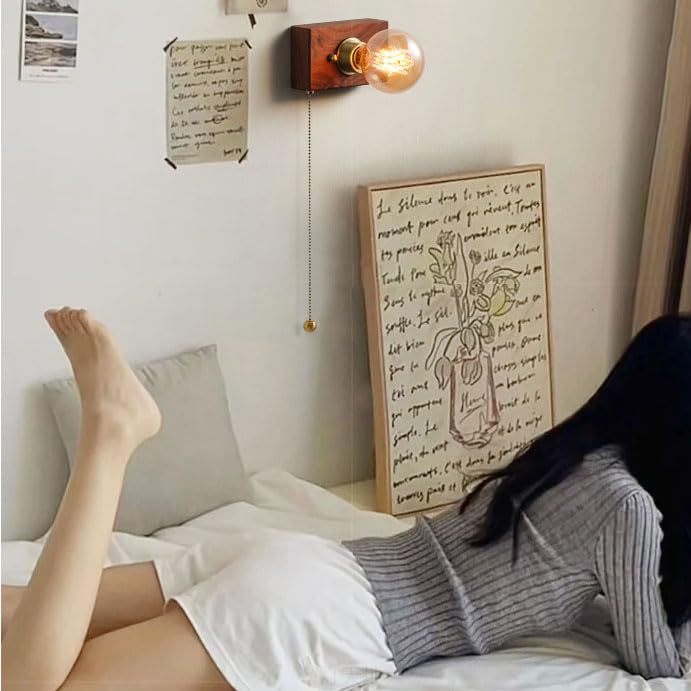 Holz Wandlampe Innen mit Zugschalter Wandleuchte E27 Lampe mit Schalter Vintage Industrial Bettlampe Nachtlicht für Schlafzimmer, Wohnzimmer, Treppen, Korridor, Restaurant(ohne Leuchtmittel)