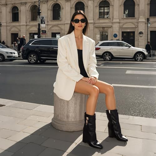 CYNLLIO Shark Boots Fold Over Wide Calf Boot Covered Wedge Heel Ankle Booties Pull On Almond Toe Botas w/Side Zipper Decorative Padlock4