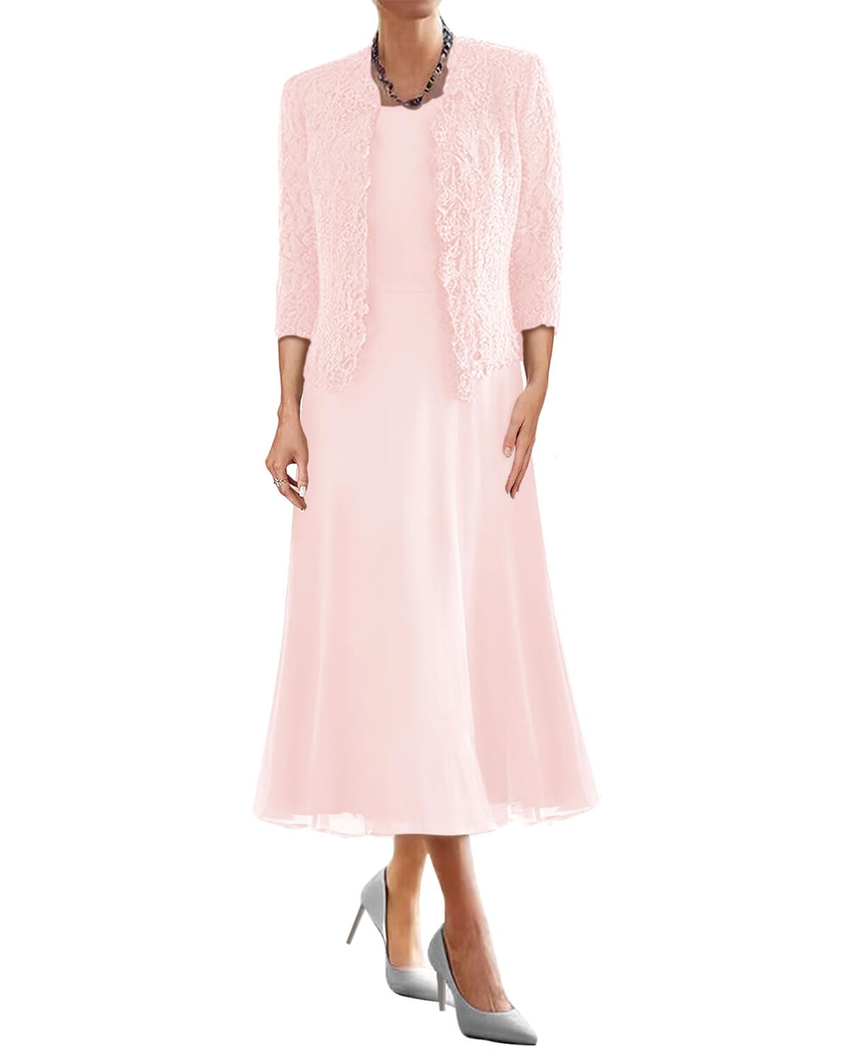 Mother of The Bride Dresses for Wedding Tea Length Evening Formal Dress Lace Wedding Guest Groom Gowns with Lace Jacket