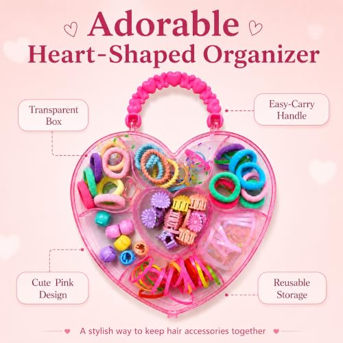 Image of Hair Accessories for Kids Girls | Heart Shaped Storage Box with Rubber Bands, Hair Ties, Mini Claws, Beads & Flower Clips | Baby Girl Hair Accessories Set | Cute Clips for Kids | Mixed Designs | GogoPogo