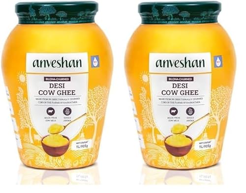Image of Anveshan A2 Desi Cow Ghee 1 Litre | Traditionally Bilona-Churned, Danedar Ghee | Aromatic| NABL Lab Tested (70+ tests), Cruelty-Free | Grass-Fed | Glass Jar (Pack of 2)