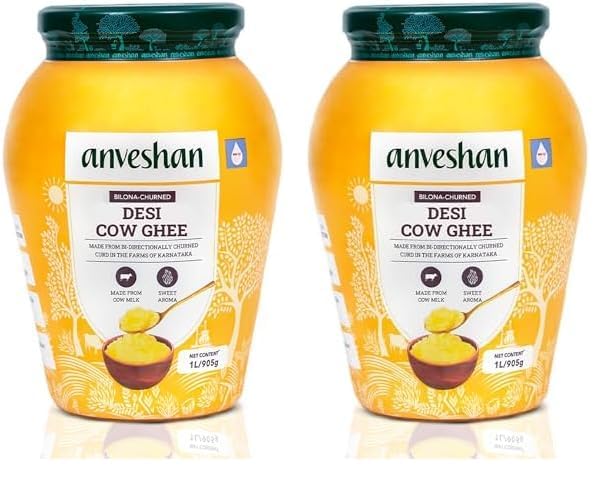 Image of Anveshan A2 Desi Cow Ghee 1 Litre | Traditionally Bilona-Churned, Danedar Ghee | Aromatic| NABL Lab Tested (70+ tests), Cruelty-Free | Grass-Fed | Glass Jar (Pack of 2)