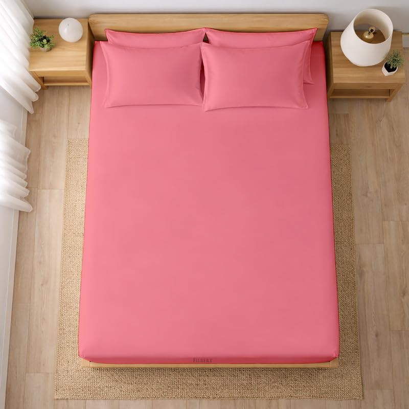 Image of Filbert - Premium Satin Fitted Bedsheet Single Bed (36x75 Inch) with 1 Pillow Cover | Hypoallergenic Breathable | Hair and Skin Friendly, Women Gift Choice|Coral Pink