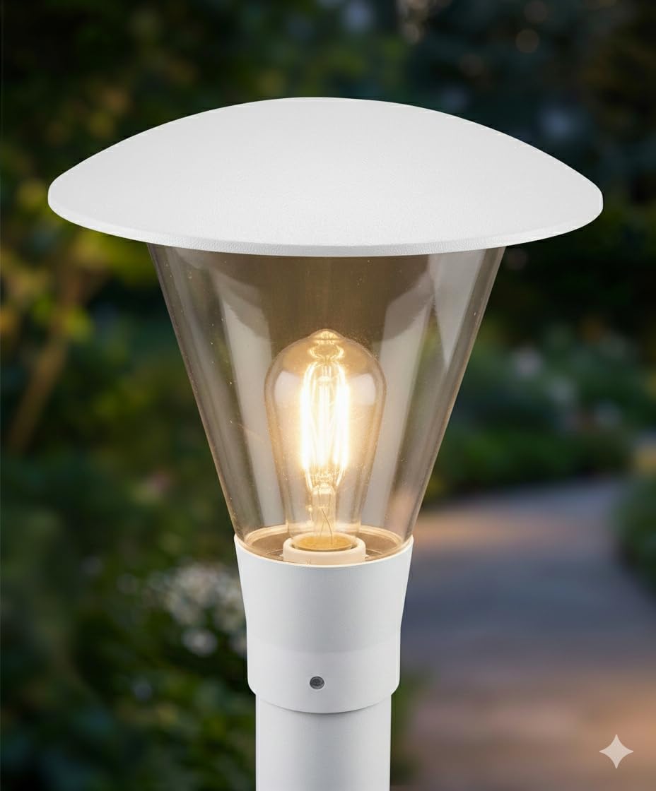 Lampione Testa Palo Ø 60mm Made in Italy, Attacco E27 IP65, Anti-Corrosione Ideale per Zone di Mare, Lanterna da Giardino in Policarbonato, Bianco/Trasparente (Lampadina Esclusa)