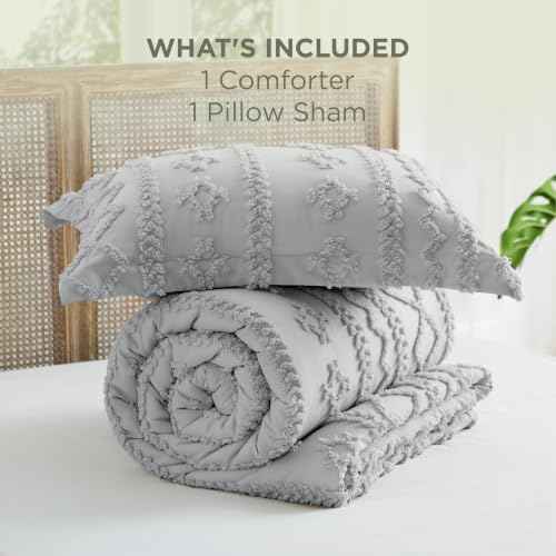 Image of Bedsure Tufted Boho Comforter Set Twin,Bedroom Decor Bedding Set Light Grey