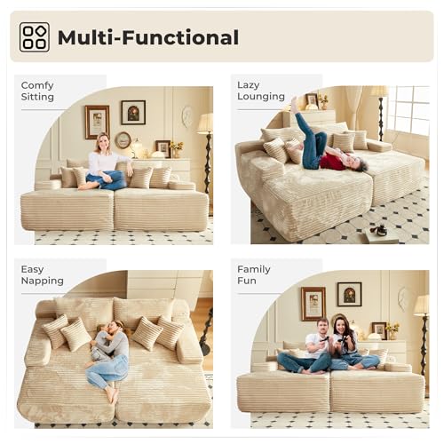 Image of HOOOWOOO Chaise Lounging Sleeping Couch, 81x67 Assembly Free Modern Minimalist Sofa, Extra Deep Large Sofa Set, Free Standing Floor Couch in A Box for Living Room (Beige Velvet Upholstered)