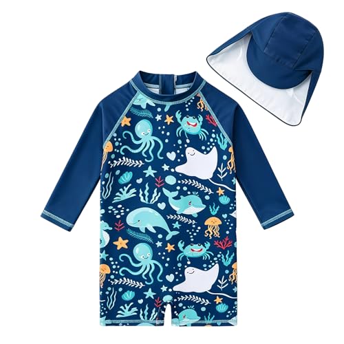 Image of ADUKIDE Baby Boys One Piece Swimsuit Size 0-24 Months Zipper Bathing Suit | Long Sleeve swimwear with back zipper, uv sun block, matching sun hat, for summer beach, water park, baby swim pool, holiday