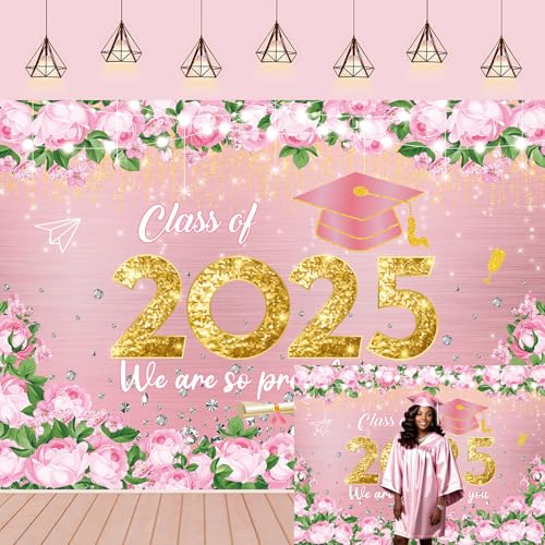 Pink Graduation Backdrop Class of 2025 Backdrop Rose Gold Pink Flower Graduation Party Decorations Congrats Grad Banner for Prom Photo Booth Prop (7X5FT)