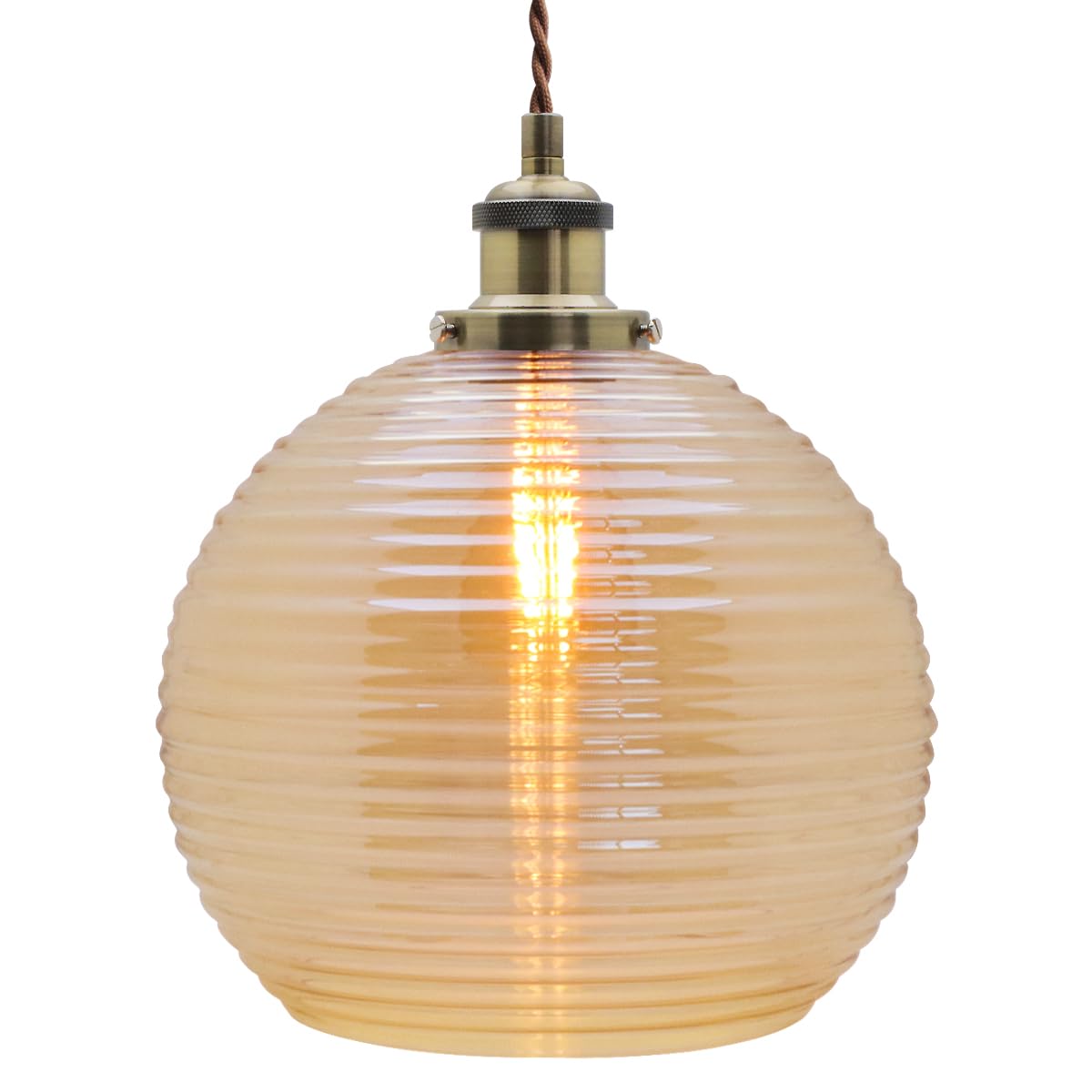 Ribbed Glass Globe Pendant Light Amber Modern Vintage Smoked Glass Ceiling Pendant Lamp Brass Fitting K408