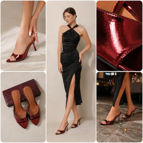 Image of On feet& in love Women's Slip-On Stiletto Heel Mule Sandals, Peep Toe, apricot, 2.95 Inch Heel, Casual Party Wedding Slides