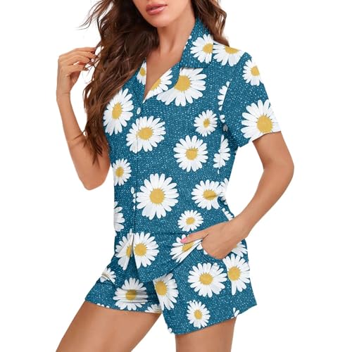 Image of Pjs Womens Short Sleeve Button Down Pajamas Set Two-Piece Nightwear with Pockets