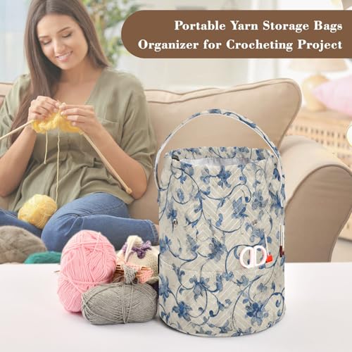 Image of Tatenale Crochet Bag Yarn Bag Knitting Project Bag with Pockets and Handle Portable Yarn Storage Organizer Tangle Free 8.3x11 InchWatercolor Blue and White Flower21