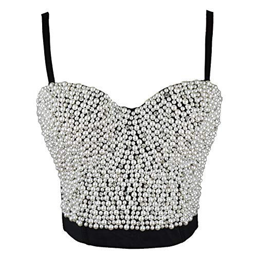 Ellacci Sexy Pearls Beaded Rhinestone Bustier Crop Top Push Up Corset Top With Detachable Straps Black Large #TOP7