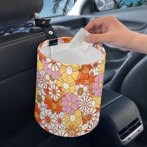 Image of Cute Car Trash Can Seat for Car Front Seat, Back Seat, Floor, Headrest, Rubbish Bin Bright Hippie Flower Print Car Accessories Interior Universal Collapsible Trash Can