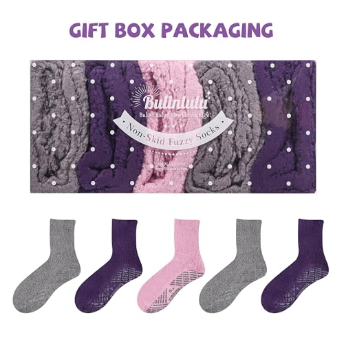 Image of Bulinlulu Fuzzy Socks With Grips for Women, 5 Pairs Non Slip Sleep Warm Fluffy Slipper Socks Gifts for Women