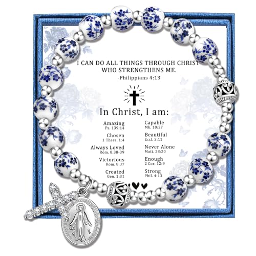 PARTNER Catholic Rosary Bracelet with Virgin Mary & Cross Floral Ceramic Tenner Rosary Bracelet for Prayer Faith & Protection Christian Religious Jewelry Gift (Blue Flowers Rosary Bracelet)