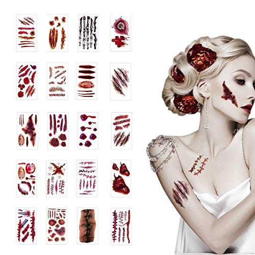 SHANGXING 20 Pcs Halloween Zombie Fake Scars Tattoos Bloody Costume Makeup Scary Injury Sticker