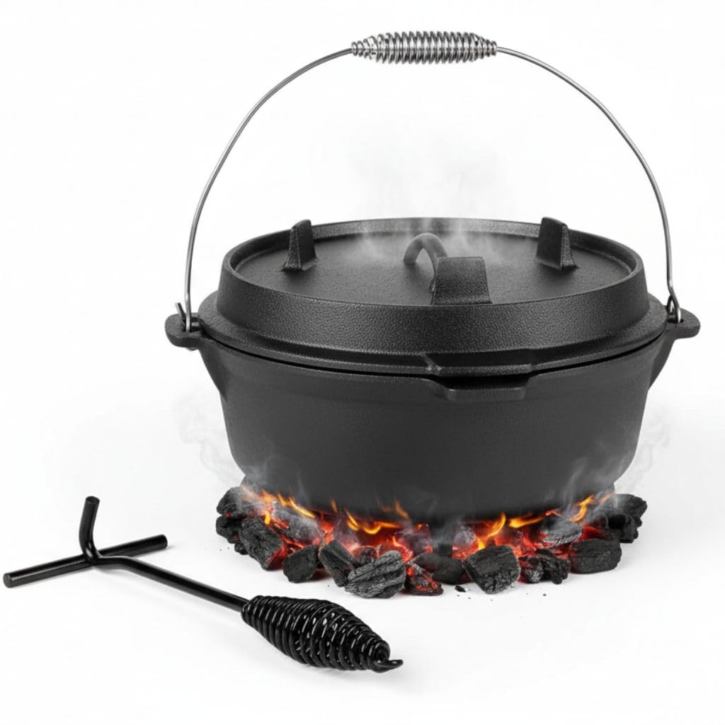 Melko Couvercle de poêle à frire en fonte du four hollandais Lifter BBQ Chaudière à feu de bois Camping