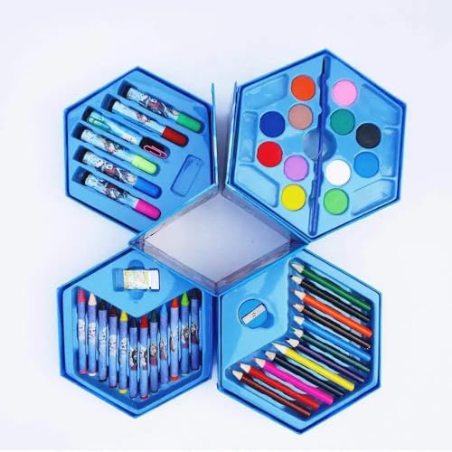 Image of 46-Piece Art Colour Set with Colour Pencils, Crayons, Oil Pastels, Sketch Pens, Paints, Brushes, Blue Hexagonal Box