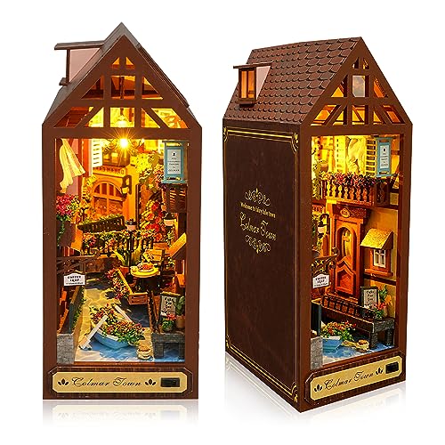 DIY Book Nook Kit, DIY Dollhouse Booknook,Booknook Shelf Insert Decor Alley, 3D Dollhouse Wooden Puzzle Bookends, Book Nook Miniature Kits with LED Light for Adults, (Town)