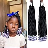 2pcs Kids Ponytail Extension With Beads Box Braids ponytails Hairpieses for Kids Braids with Beads Protective Braided Hairstyles for Black Girls(Purple 10inch)