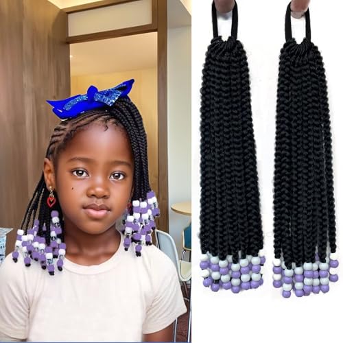 WSTAR 2pcs Kids Ponytail Extension With Beads Box Braids ponytails Hairpieses for Kids Braids with Beads Protective Braided Hairstyles for Black Girls(Purple 10inch)