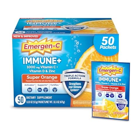 Emergen-C Immune+ Triple Action Immune Support Powder, BetaVia (R), 1000mg Vitamin C, B Vitamins, Vitamin D and Antioxidants, Super Orange – 50 Count Cover