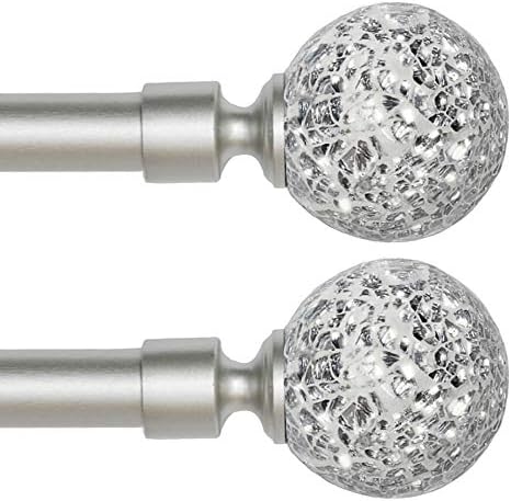 2 Pack Window Curtain Rods for Windows 66 to 120 Inches Adjustable Decorative Nickel Single Curtain Rod Set With Nickel Glass Mosaic Ball Finials, 3/4 Inch Diameter, Nickel Finish, 2 Pack
