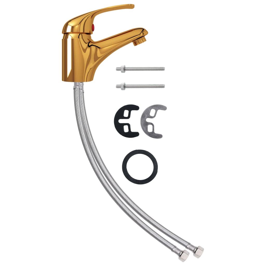 vidaXL Basin Mixer Tap Bathroom Sink Faucet Plumbing Fixture Fitting Water Hose Washroom Single Lever Hot Cold Waterfall Kitchen Gold