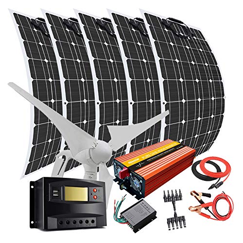 Kit generatore eolico da 900 W con inverter da 2000 W: turbina eolica da 400 W, 5 pannelli solari flessibili da 100 W, regolatore di carica solare 40A, cavi e connettori.