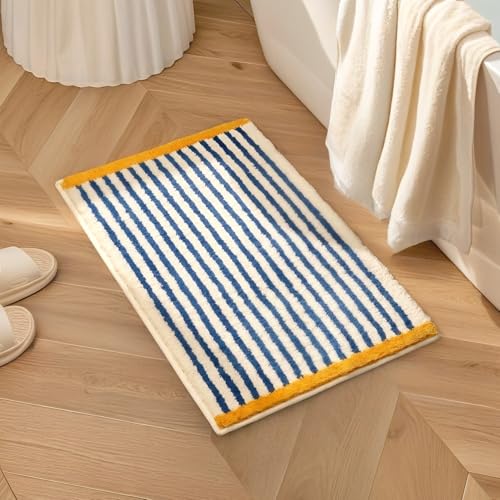 GIB Blue and White Striped Bathroom Rug Mat 24' x 16', Yellow Accent, Extra Soft Absorbent Non-Slip...