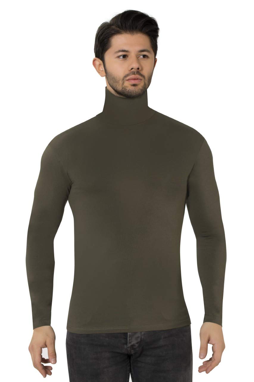 elegance1234 Men's ROLL Neck Soft Quality Cotton Long-Sleeve Tops (Large, Khaki) (1251)