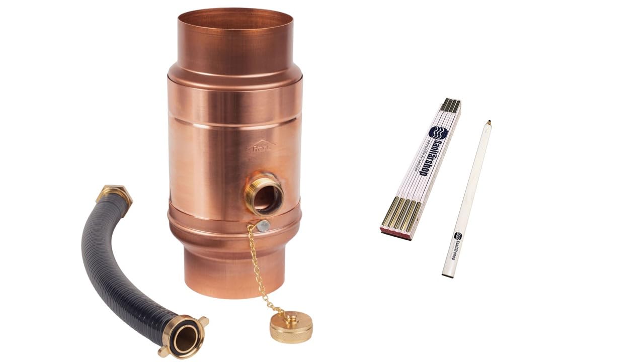 Sanitärshop Baustoffe & Sanitär: Kupfer Regenwassersammler mit Schlauchanschluss 87mm + Zollstock und Bleistift - 85% Wasserertrag für Fallrohr und Regentonne
