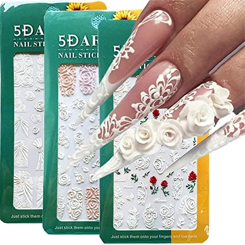 Valentine’s Day Nail Art Stickers, 5D Rose Flower Nail Decals Stereoscopic Embossed Nail Art Supplies Self Adhesive Rose Flowers Valentines Nail Stickers for Women Girls Acrylic Nails Decorations