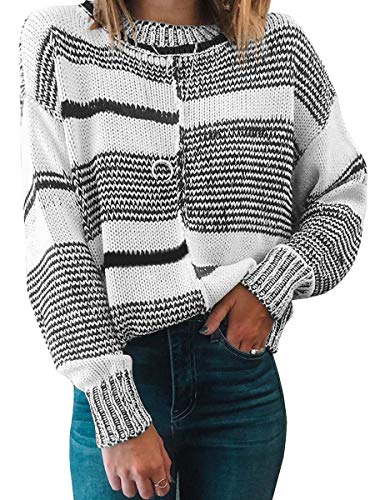 ECOWISH Womens Knit Sweater Striped Stitching Pullover Long Sleeve Scoop Neck Top Color Block Sweaters Black White Medium