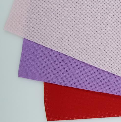Image of KCS 3 pc of 15 inch x 18 inch(38cmx45cm) Counted Cross Stitch Cotton Aida Cloth Needlework Rolled Fabric Box,16CT,Lavender+Pink+Red