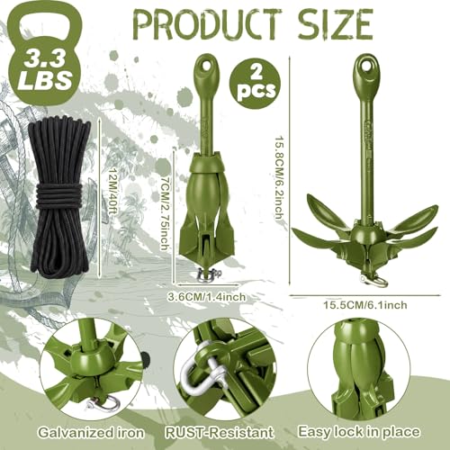 Image of Lounsweer 2 Pack 1.5 /3.5 lb Marine Kayak Anchor Kit Folding Grapnel Anchor Kit Boat Kayak Fishing Accessories for Small Boats Kayaks Canoe Paddle Boards