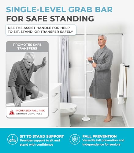 Image of Stander Wonder Pole with Rotating Single Grab Bar, Tension Mounted Floor to Ceiling Transfer Pole for Seniors & Elderly Adults, No-Drill Support Rail with Assist Handle for Home & Bath Safety, White