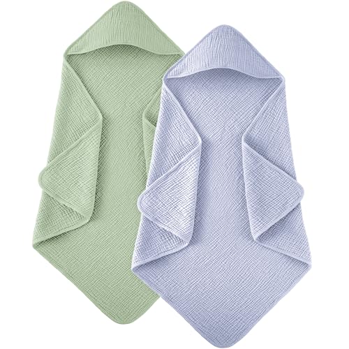 Image of Susurration Hooded Baby Towels for Newborn 2 Pack 100% Muslin Cotton Towel for Babies,Highly Absorbent and Newborn Essential (Blue&Green)