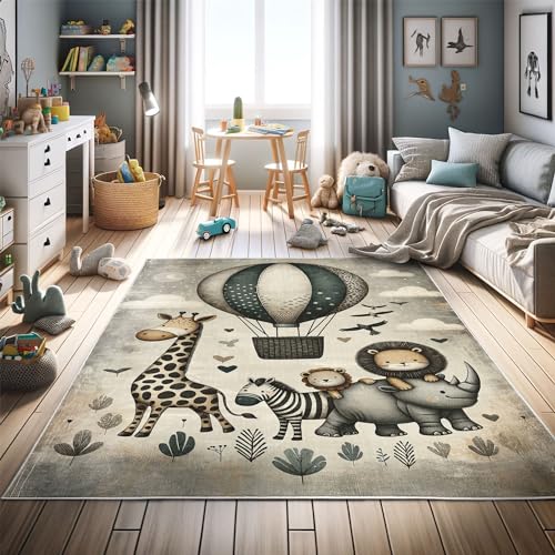 Image of Ambesonne Animals Decorative Rug, Nostalgia Feels Happy Tale of Animal Friends Giraffe Zebra Lion with Birds, Quality Carpet for Bedroom Dorm and Living Room, 5' 1" X 7' 5", Dusk Dark Teal Ecru