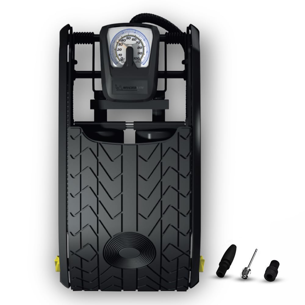 Analogue Double Barrel Foot Pump, High-Volume, Durable, Accurate Gauge, for Car, SUV, Bike Tires, Efficient & Portable, Black