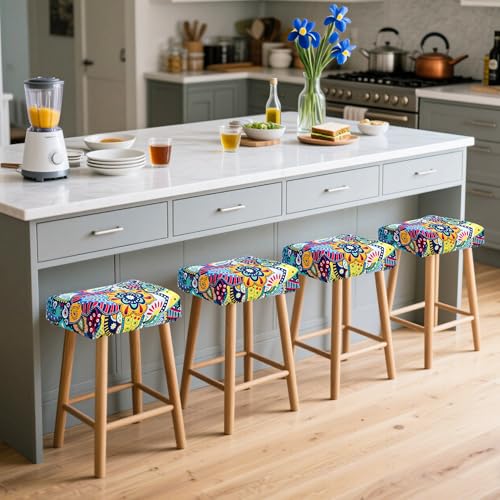 Image of Waterproof Bar Stool Covers Rectangle Set of 4 18x14inch Boho Stretch Seat Cushion Covers for Backless Barstools Washable