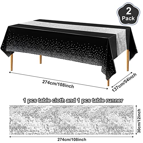 Image of Irenare 2 Pcs Black and Silver Tablecloth and Sequin Table Runner Set Polka Dots Confetti Table Cover Dining Plastic Tablecloths Glitter Decorations for Birthday Wedding Anniversary Party Supplies