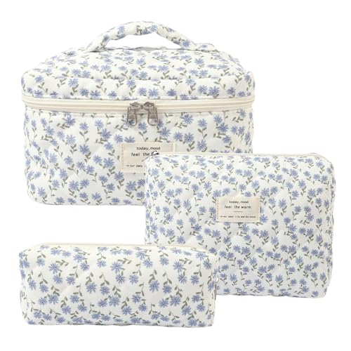 Kosmetiktasche Damen Reise Make Up Tasche, 3 Stück Große Baumwolle Kulturtasche Make-Up Organizer Tasche Cosmetic Bag mit Blumenmuster für Kosmetik Kosmetikartikel (Blaue Pfauenblume)